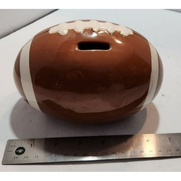 Vtg Ceramic Football Shaped Piggy Bank 7" by 4" Brown and White - Picture 5 of 6